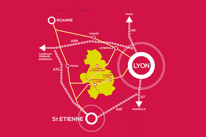 Plan d'accès et situation de la communauté de communes des Monts du Lyonnais, situé entre Lyon (Rhône - 69) et Saint Etienne (Loire - 42)